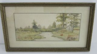 Pastoral Landscape Cottage 1922 Watercolor Painting Signed In Antique Frame 7x12