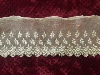 Antique Lace Edging - Handmade Embroidery On Tulle 2 Yards By 4 1/2 "