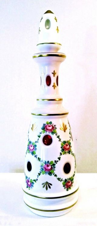 Antique Bohemian Moser White Overlay Cut To Cranberry Glass Decanter 14.  5 "