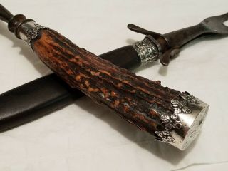 Antique Bone Sterling Knife Sharpening Steel & Wood Meat Fork Silver Trim Honing