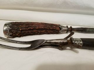 Antique Bone Sterling Knife Sharpening Steel & Wood Meat Fork Silver Trim Honing 2