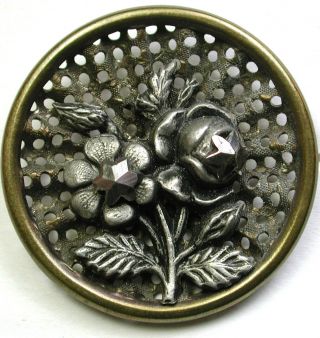 Bb Antique Screen Back Brass Button 2 Flowers Accented W/ Cut Steels - 1 & 3/8 "