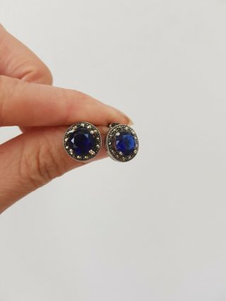 Antique Art Deco Silver Marcasite Sapphire Paste Earrings Read 4.
