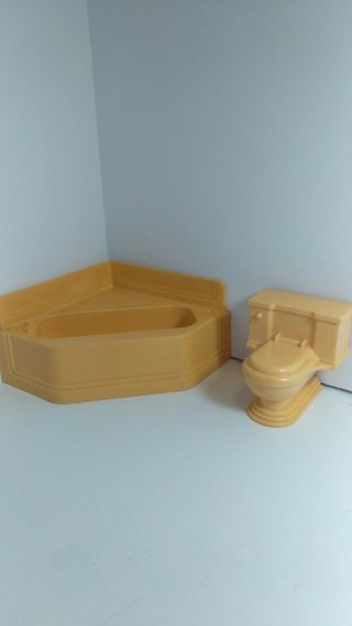 Vintage Marx Dollhouse Miniature Corner Bathtub And Toilet Orange Tan Plastic