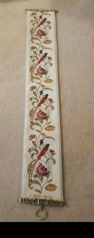 Antique Needle Point Wall Art Hanging Tapestry Exotic Bird Floral Bell Pull 1974