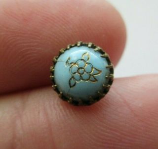 Antique Vtg Diminutive Turquoise Glass In Metal Button W/ Flower (z)
