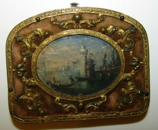 , Antique Georgian,  Velvet Purse / Miniature Oil Painting Of Venice