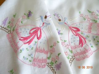 Vintage Hand Embroidered Crinoline Lady Tablecloth 32 - 34 " Sq