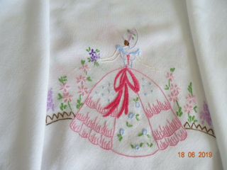 VINTAGE HAND EMBROIDERED CRINOLINE LADY TABLECLOTH 32 - 34 