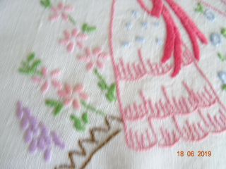 VINTAGE HAND EMBROIDERED CRINOLINE LADY TABLECLOTH 32 - 34 