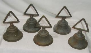 5 Vintage Antique Brass Metal Door String Bells With Triangle Tops