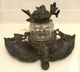 Antique Ornate Cast Iron Writing Inkwell Leaf Leaves Glass Jar Vintage Desk Set
