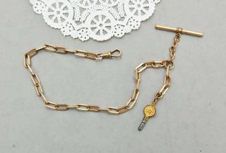 Watch Chain Vintage Antique 12 " Gold Fill Rectangular Link & Clock Key Fob Star