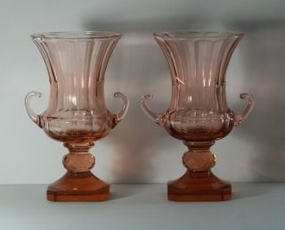 Pair (2) Antique Early 20thc Moser Pink Crystal Art Glass Handled Urns