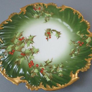 Antique T&v Limoges Porcelain 8 " Plate Xmas Holly & Berries W Gilt Trim