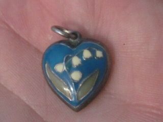 Antique Sterling Silver And Enamel Heart Shaped Flower Charm Pendant