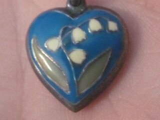 Antique Sterling Silver and Enamel Heart Shaped Flower Charm Pendant 2
