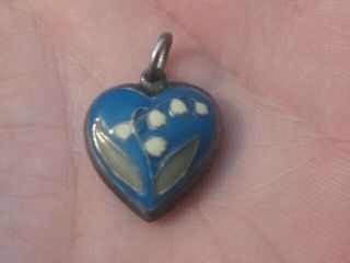 Antique Sterling Silver and Enamel Heart Shaped Flower Charm Pendant 3