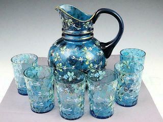 Antique Bohemian Moser Blue Enamel Painted Pitcher And 6 Tumblers