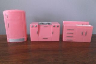 3 Vtg Mid - Century Pink Plastic Doll House Kitchen Appliances Furniture