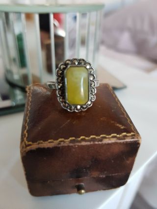 Edwardian Art Deco Antique Green Stone & Marcasite Silver Ring