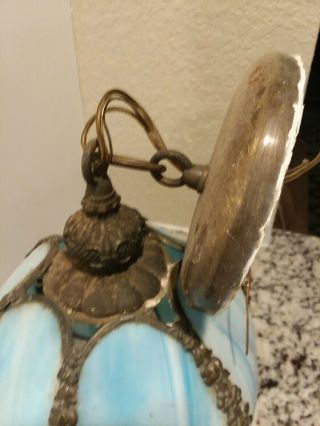 Vintage Mid Century Blue Slag Glass TULIP CEILING LIGHT LAMP 4