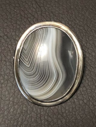 Antique Victorian Silver And Agate Brooch White Metal