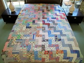 For Restoration Vintage Feed Sack Hand Sewn Infinite Stairs Quilt Top; 84 " X 74 "