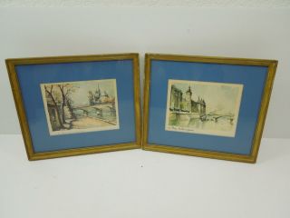 Set Of 2 Vintage Paris Framed Watercolor Prints 10x8.  5 Delarue Notre Dame