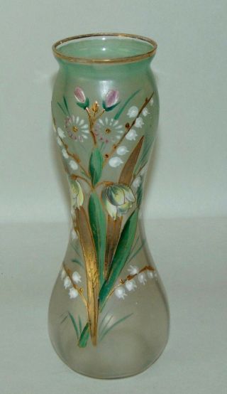 Antique Victorian Glass Vase Lily Of The Valley Enamel Floral Iridescent