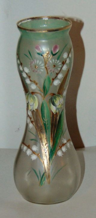 ANTIQUE VICTORIAN Glass Vase LILY OF THE VALLEY Enamel Floral IRIDESCENT 2
