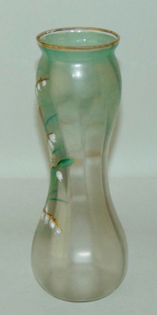 ANTIQUE VICTORIAN Glass Vase LILY OF THE VALLEY Enamel Floral IRIDESCENT 3