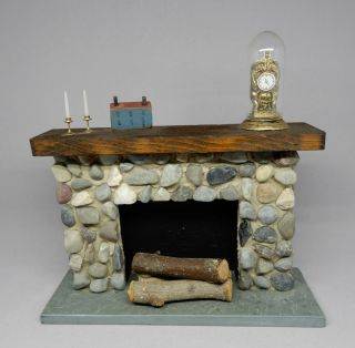 Vintage Country Stone Fireplace Mantel Dollhouse Miniature 1:12