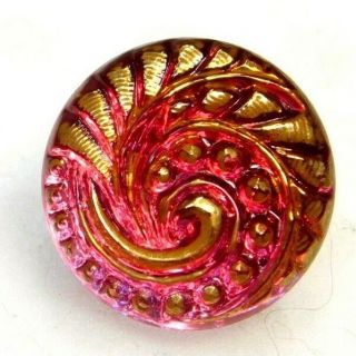 Antique Vtg Charmstring Button Pinkish Red Glass W Gold 1/2 A19