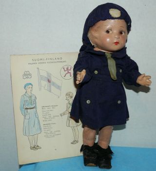 Antique 1920 - 30s Composition Doll 1938 Finland Girl Scout W Page 13 " 5 Jtd