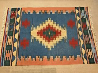 Vintage Geometric Pattern Blue Beige Red 46 " X 60 " Native American Rug Tribal