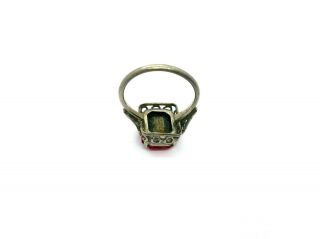 Antique 1920 ' s Czech Bohemian Art Deco Brass Red Glass Filigree Ring Size – P 6