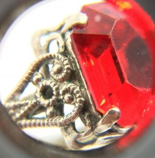 Antique 1920 ' s Czech Bohemian Art Deco Brass Red Glass Filigree Ring Size – P 8