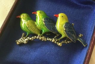 Vintage Jewellery Large Brooch Green Enamel Birds Antique Dress Jewelry Pin