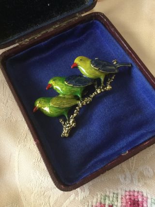 Vintage Jewellery Large Brooch Green Enamel Birds Antique Dress Jewelry Pin 2