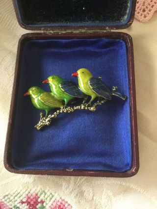 Vintage Jewellery Large Brooch Green Enamel Birds Antique Dress Jewelry Pin 3