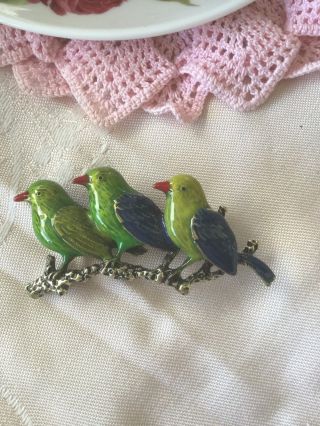 Vintage Jewellery Large Brooch Green Enamel Birds Antique Dress Jewelry Pin 5