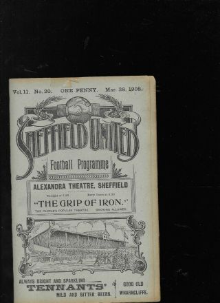 Antique Programme Sheffield United V Manchester City 28 - 3 - 1908