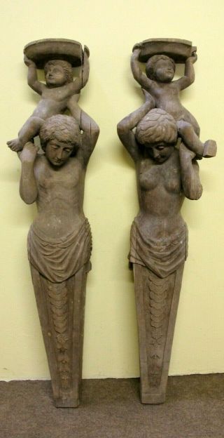 Pair Stunning 54 " Hand Carved Gothic Female Male Torso Wood Sculptures