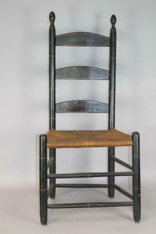 Rare 19th C Enfield,  Nh Shaker 3 Slat Sidechair In Old Decorated Black Paint