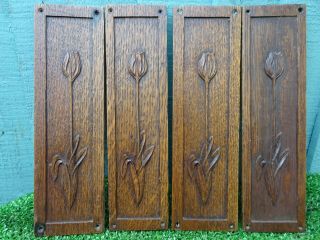 Quartet: 19thc Art Nouveau Wooden Oak Panels With Tulip Flowers C1890s