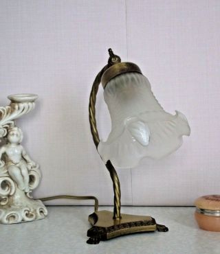 Vintage French Cast Brass Goose Neck Table Lamp White Opaque Tulip Shade 1392