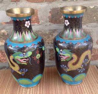 Vintage Oriental Cloisonne Enamel And Brass Vases With Dragons 24cm Tall