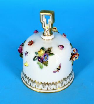 Antique Meissen Porcelain Table Bell With Hand - Painted Raised Dresden Flowers 4 "