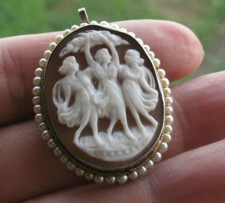 Antique Vintage Natural Shell Hand Carved Cameo Brooch Pendant Sterling Silver P